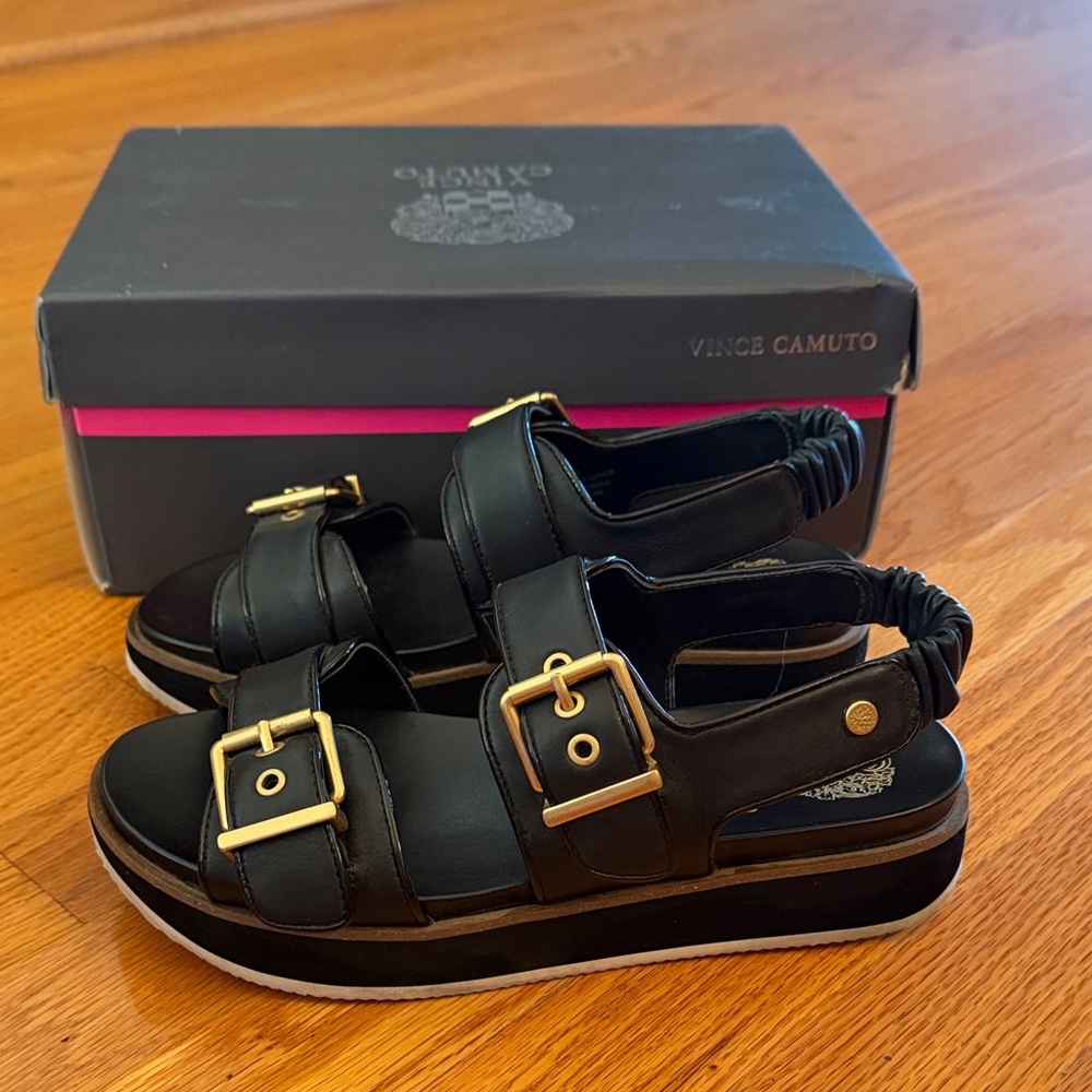 Vince Camuto Anivay Black Sandals with Gold Buckles - Picture 3 of 10